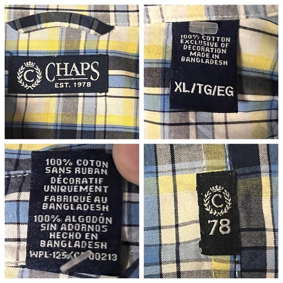 Chaps Men Yellow & Blue Plaid Button-Down Shirt XL 100% Cotton Long Sleeve - Picture 10 of 16